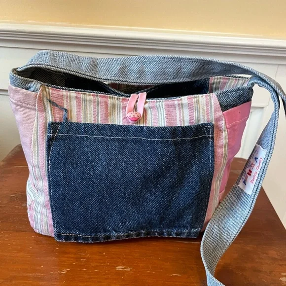 Casual Handmade Upcycled Denim and Pink Striped Reversible Shoulder Bag - Picture 3 of 5